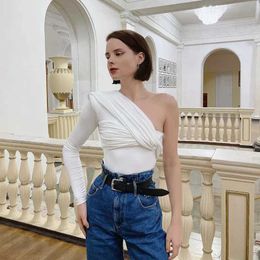 Women's Jumpsuits Rompers Autumn Sexy Bodysuit Women Romper Casual Folds One Shoulder O-neck Solid Jumpsuits Women Skinny Female Overalls Fashion Jumpsuit Y240515