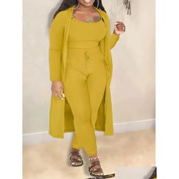 Women'S Plus Size Tracksuits Lw Autumn Women Outifits Casual Fashion Ribbed Knit Plain Dstring Long Sleeve Three Piece Pants Set 240 Dhvja