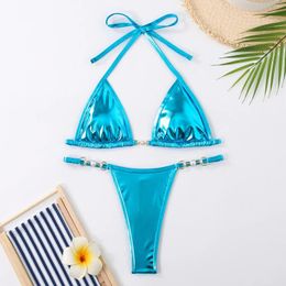 Women's Swimwear Sexy Metallic Halter Bikinis Set Lace Up Triangle Tie Side Swimsuit 2024 Pearl Patchwork Women Micro Thong Bathing Suit