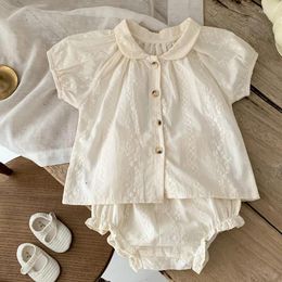 Clothing Sets Girls' Summer Solid Puff Sleeve Embroidered Lapels Flower Top Shorts Fashion Baby Kids Outfit Clothes Suit