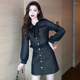 Work Dresses Autumn Korean Female Tweed Office Skirt Suit 2 Piece Set Sweet Women Bow Patchwork Chiffon Blouse Mini Outfits