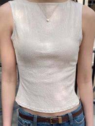 Women's Tanks Beige Folds Slim Crop Top Women Casual Summer Round Neck Sleeveless Solid Short Vests Female Vintage Sweet Tank Tops 2024