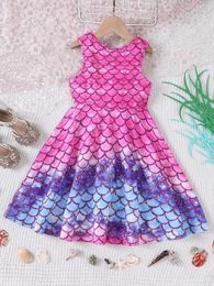 Girl's Dresses Girls Summer New Product Big Girl Mermaid Style Dress With Illusionary Fish Scale Print Large Hem Dress