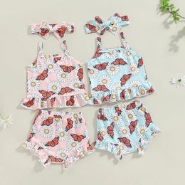 Clothing Sets Suefunskry Baby Girl Summer Outfits Floral Butterfly Print Square Neck Cami Tops With Ruffled Shorts And Bow Headband