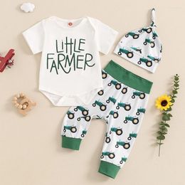 Clothing Sets 2024-04-18 Lioraitiin 0-12M Baby Boys Summer Outfits Letter Print Crew Neck Short Sleeve Rompers Long Pants Hat 3Pcs Clothes