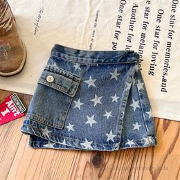 Fashion Girls star printed denim skirts summer children lace-up cummerbund jean skirt fashion kids designer clothes S1384
