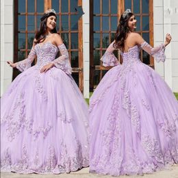 Popular Lavender Long Sleeves Quinceanera Dresses 2020 New Lace Applique Plus Size Lace Up Church Bridal Wear Sweet 16 Prom Gowns 230S