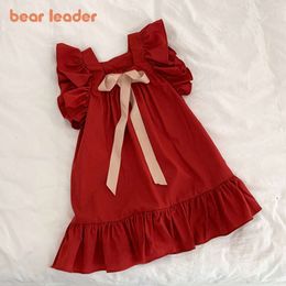 Bear Leader Summer Girls Flying Sleeve Dress Casual Ruffled Solid Back Bowknot A Line Baby Dresses Kids Clothes L2405