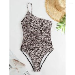 Women's Swimwear 2024 Leopard-Print One-Piece Swimming Suit Sexy One-Shoulder Cover Belly Slimming Swimsuit Women