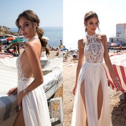 2023 Gali Karten Beach Wedding Dress Side Split Halter Illusion Sexy Boho Wedding Gowns Sweep Train Pearls Backless Bohemian Bride 3171