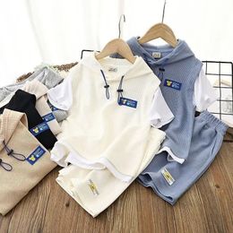 Baby boy clothing set summer hoodie T-shirt and shorts set childrens waffle patch work clothes 240511