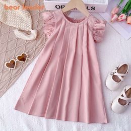 Bear Leader 3-7Y Baby Girls Princess Dresses Round Neck Summer Solid Colour Kids Dress Flying Sleeve Pleated Pink Girl Clothes L2405