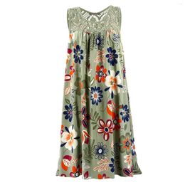 Casual Dresses Women's Fashion Vest Sleeveless Lace Print Tank Pleated Swing Dress Vestidos Elegant For Women 2024