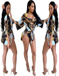 Women Two Piece Set Bathing Suit Sexy Print Swimwear Lace Up One Piece Swimsuit Long Sleeve Cardigan Cover Up Outfits Blue9192198