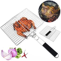 Grill Basket Folding Portable Stainless Steel BBQ with Handle for Fish Roast Chicken Shrimp Cooking Accessories 240517