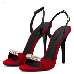 Red and Veet Sandals Black Stylish Rhinestone Super High Heel 11-13cm Buckle Thin Sandal 2024 Fashion Banquet Wedding Woman Shoe v Sal 691 d s e160