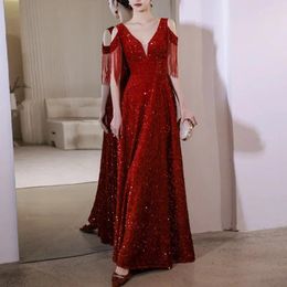Party Dresses Elegant Off-shoulder Red Evening Long Women Luxury Sequined Sparkle Formal Dress A-line Tassel Gown Vestido