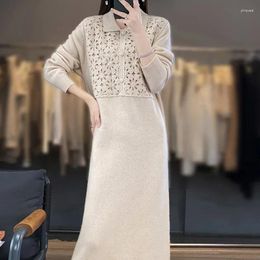 Casual Dresses Tailor Sheep Pure Wool Women's Polo Dress Sweater Long Solid Colour Knitted Slim Fit Pullover 4 Colours