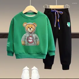 Clothing Sets Spring Children's Suit Sports Leisure Round Neck Set Boy Girl Baby Cartoon Pocket Bear Sweater Splicing 2-12Y