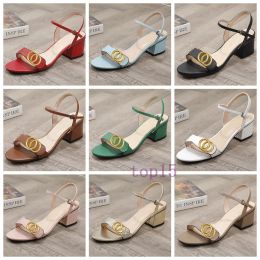 Sandals Classic High heeled sandals party fashion 100% leather women Work shoe designer sexy heels 5cm Lady Metal Belt buckle Thick Heel W