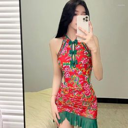 Women's Swimwear One-Piece Swimsuit Women With Skirt Cover Up Chinese Floral Printed Sleeveless Off-Waist Bathing Suit Spring