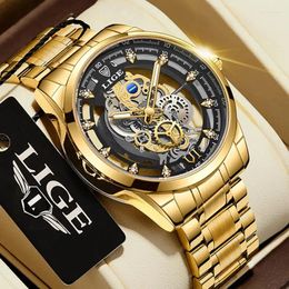 Wristwatches LIGE Men Watch Skeleton Quartz Wristwatch Gold Retro Man Top Clock Mens Watches Reloj Hombre