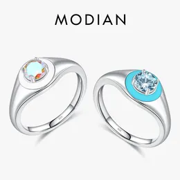 Cluster Rings MODIAN 925 Sterling Silver Blue Enamel Zirconia Signet Finger Ring For Women Daily Fine Jewelry Gifts