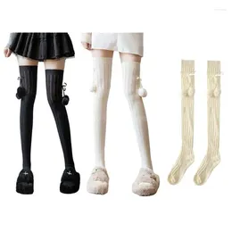 Women Socks Japanese Sweet Rib Knitted Thigh High Long Stockings Plush Bowknot Student Over Knee Leg Warmer