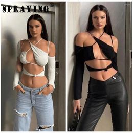 Women's Tanks Y2k Tank Top Women Summer 2024 Casual Bandage T-shirt Long Sleeve V-neck Hollow Out Sexy Tops S13701