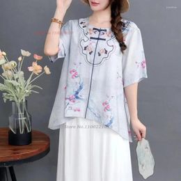 Ethnic Clothing 2024 Traditional Chinese Vintage Blouse National Flower Print O-neck Loose Oriental Improved Hanfu Tops