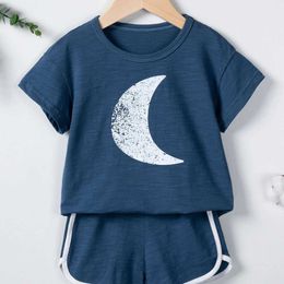 Clothing Sets Summer Childrens Moon/Sun Printed Suit Cotton Casual Short Sleeve Shorts 0-5Y Boys and Girls Kids Clothing Y240515