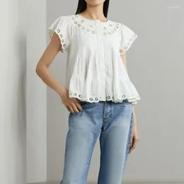 Women's Blouses 2024 Spring And Summer Blouse Hollow Embroidered Pleated Cotton Shirt Women Top