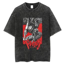 Berserk Print T Shirt Men Vintage Washed T-Shirt Anime Guts Graphic Tshirt Hiphop Streetwear Tees Summer Casual Berserk Clothes 240517
