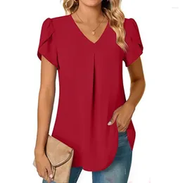 Women's Polos 2024 Summer Simple Ladies V-Neck Petal Sleeve Shirt Women Polo Tops Regulai Fit Shirts