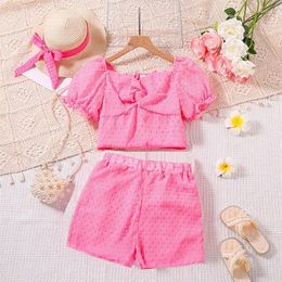 Clothing Sets FOCUSNORM 8-12Y Fashion Toddler Girls Summer Clothes Pink Short Puff Sleeve Tops And Polka Dot Shorts