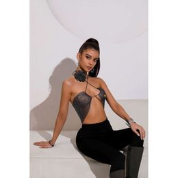 2023 NEW Fashion Sexy Crop Tops See Through Fishnet Shiny Rhinestone Halter Tank Top With Rose Necklace For Nightclub Streetwear Sexy Costumes