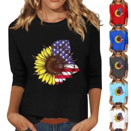 Women's T Shirts 4Th Of July Tshirts With 3/4 Sleeves Sunflower Print Tops For Women Trendy American Flag Blouses