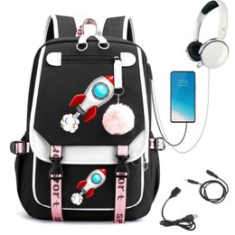 Backpack Space Rocket Cartoon Bags For Girls Secondary School Bagpack College Student Teenager Bookbag Usb Charging