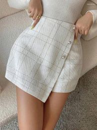 Women's Shorts Summer Fashion Elegant A-line Woven Black And White Checkered Irregular Pearl Decorated Trouser Skirt
