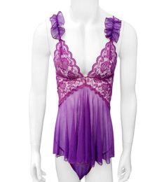Deep V sissy Dress Set With Thongs Underwear Nightwear Sleepwear Mens Lace See Through Dress Skirts Ruffles Sexy Lingerie8590184