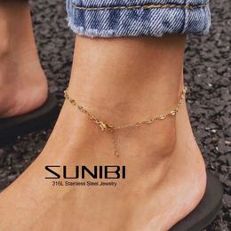 Anklets Sunibi stainless steel fish lip chain ankle bracelet suitable for womens summer beach ankle bracelet leg jewelry minimum value ankle bracelet women d240517