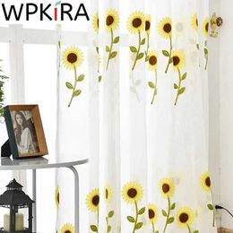 Window Treatments# Sunflower Embroidery Sheer Curtain for Kids Bedroom Nursery Pastoral White Voile for Living room Kitchen Window Panel WP186H Y240517