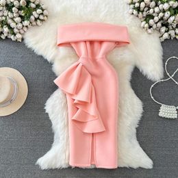 Casual Dresses Luxury Fashion Sleeveless Pink Off Shoulder Strapless Evening Party Dress Women Waistband Slim Ruffled Hem Split Prom Bra