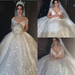 Shiny Sequined Ball Gown Wedding Dresses Princess Off Shoulder Sexy Bridal Gowns Dubai Arabic Sweep Train Vestidos De Novia Second Rece 239v