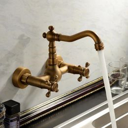 Bathroom Sink Faucets Antique Brass Double Handle Swivel Spout Faucet Kitchen Mixer And Cold Basin Wall Mounted