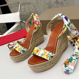 Women Straw Shoes Wedge Sandals Open Toe Fashion High Shoes Pumps Lady EU35-42 With Box 565