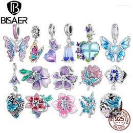 Loose Gemstones BISAER 925 Sterling Silver Butterfly&Flower Charm Bead Purple Animal Pendant Plated Platinum Fit Elegant Girl Bracelet