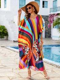 Sexy V Neck Batwing Sleeve Beach Cover Up Women Boho Rianbow Gradient Butterfly Print Long Dress Swimsuit Beachwear Kimono