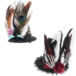 Berets Steampunks Flat Top Hat Halloween Black Carnivals With Feather&Rabbits Ear And Skull For Women Dress Up