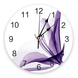 Wall Clocks Purple Flower Bloom Petal Art Print Clock Silent Non Ticking Round Watch For Home Decortaion Gift